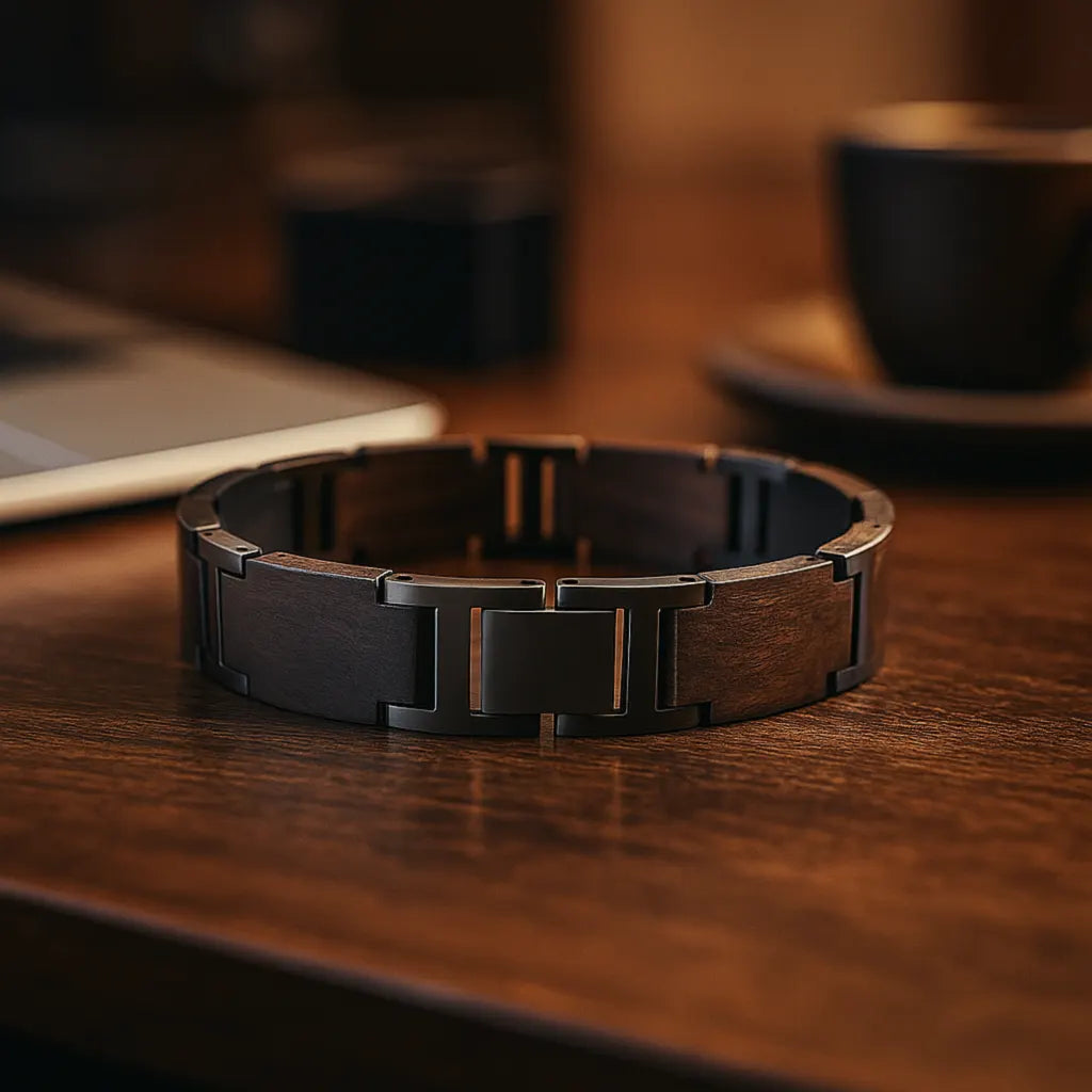 Wooden bracelet on a wooden surface with a blurred background